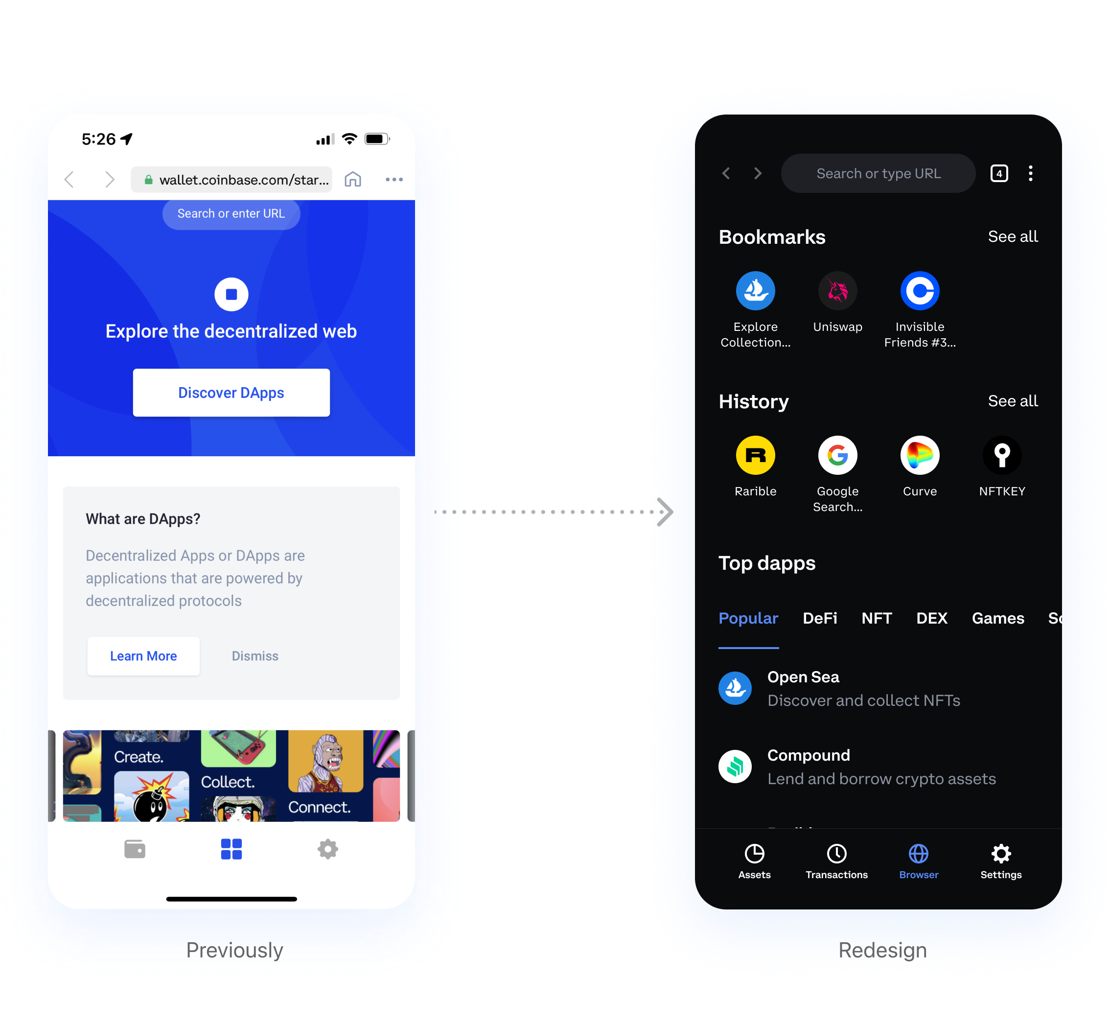 Coinbase Wallet redesign — browser experience